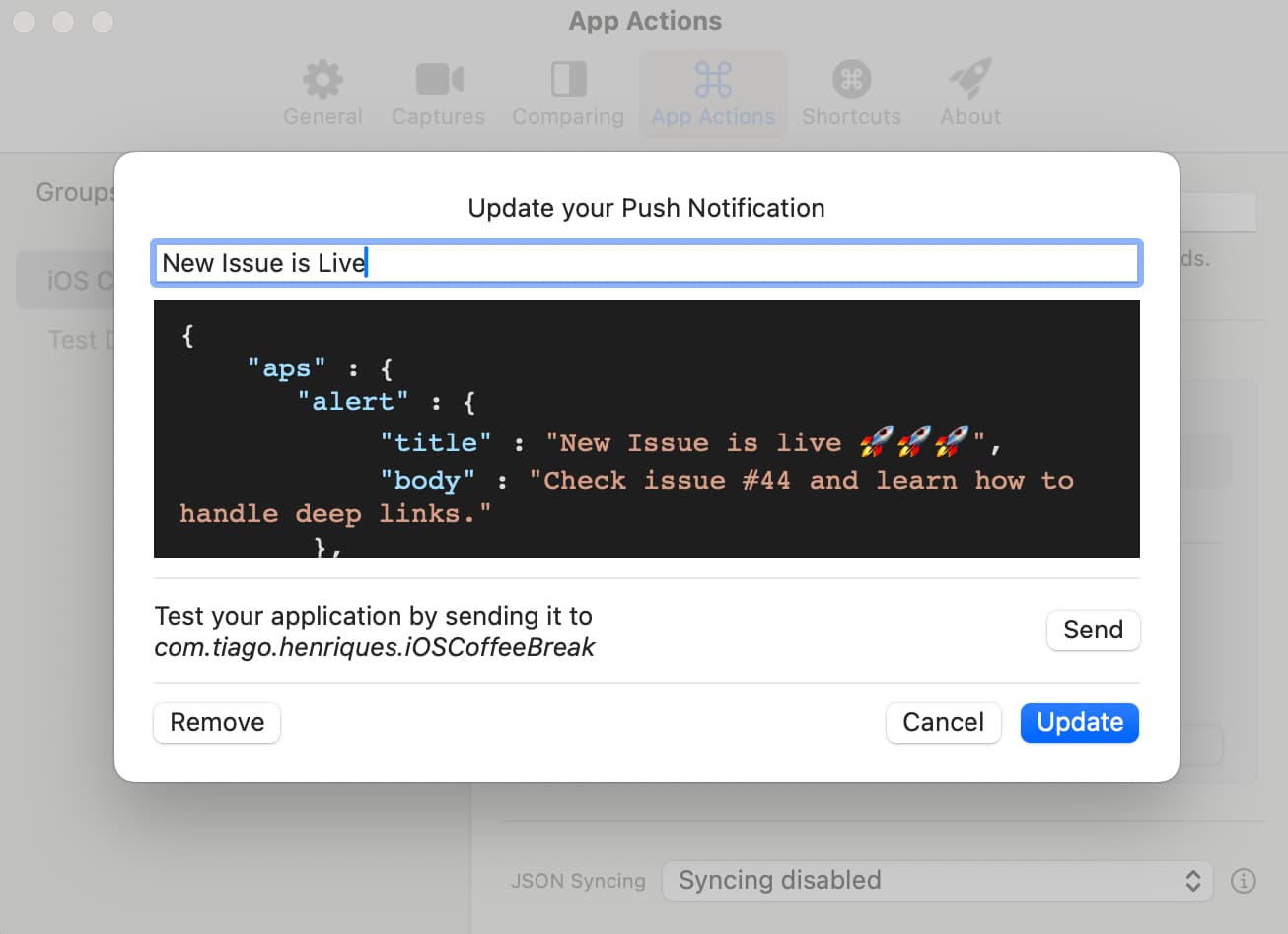 Creating a Push Notification Action with RocketSim 🚀.